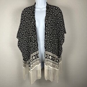 Abercrombie & Fitch Kimono Fringe Black White Bohemian CoverUp Cardigan Shawl OS